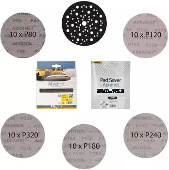 Mirka Abranet Netzschleifscheiben &Oslash;150mm Mix-Pack P80-P320, 51-tlg. inkl. Pad Saver (KIT2602MMP)