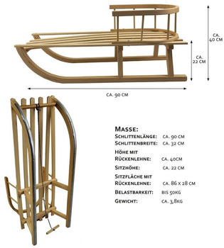 BambiniWelt Holzschlitten Rodel Kinder Schlitten 90cm mit Zugseil Rückenlehne