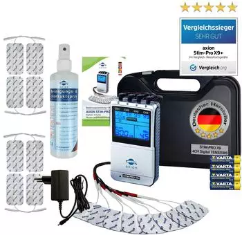 Axion 4-Kanal Tens Gerät und EMS Stim-Pro X9 zur Schmerztherapie mit Spray Medizinprodukt 1 St