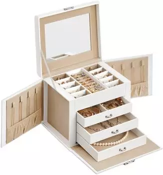 Songmics Schmuckkästchen 4 Ebenen, 3 Schubladen, Spiegel, abschließbar, weiß-beige (JBC159W01)