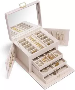 LuxusKollektion Schmuckk&auml;stchen mit Spiegel, 4 Ebenen, PU-Leder, beige