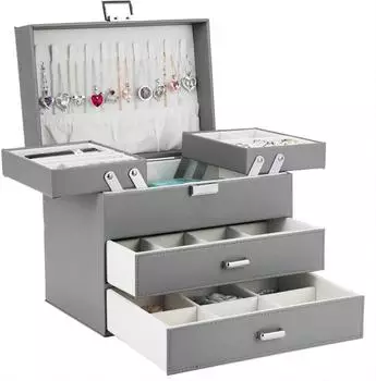 LuxusKollektion Schmuckk&auml;stchen 4 Ebenen, 2 Schubladen, Kunstleder, grau
