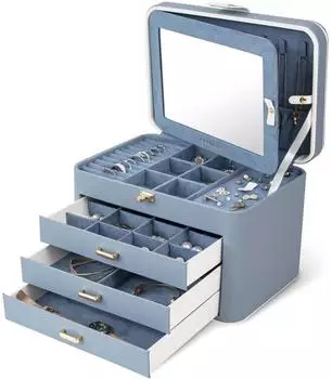 LuxusKollektion Schmuckk&auml;stchen 4 Ebenen mit Spiegel und Schloss, Damen, blaugrau