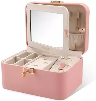 LuxusKollektion Schmuckkästchen 2-stöckig mit Spiegel und Schloss, rosa Flanell