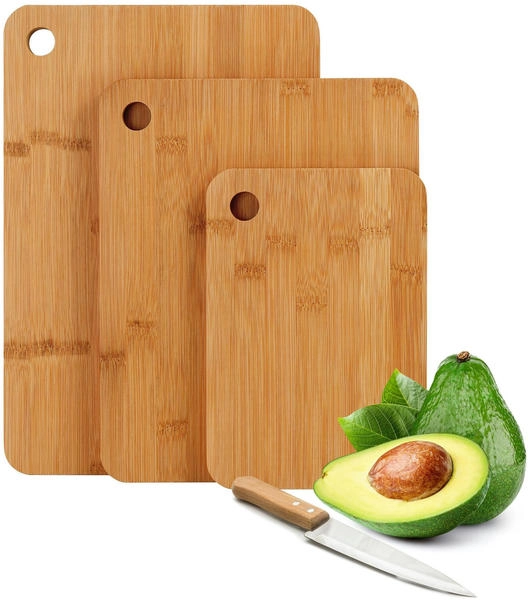 3er Set Bambus-Schneidebretter | Mit Saftrille & Aufhängelöchern, Beidseitig Nutzbar | BPA-frei, Antibakteriell | Für Obst, Fleisch, Gemüse, Käse | 3 Größen