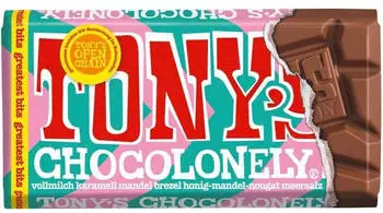Tony’s Chocolonely Tony's Chocolonely Vollmilch Karamell Mandel Brezel Honig-Mandel-Nougat Meersalz 90g