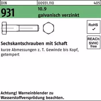 Industrial Quality Supplies Sechskantschrauben mit Schaft DIN 931 10.9 M12x60 verzinkt (931110012060)