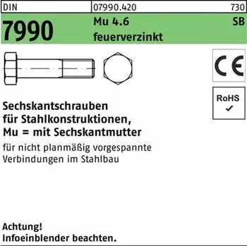 Industrial Quality Supplies Sechskantschraube DIN 7990 M20x100 Stahl 4.6 feuerverzinkt mit Mutter (079904200200100)