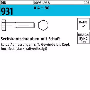 Reidl Sechskantschraube mit Schaft DIN 931/ISO 4014 M16x150 Edelstahl A4-80 (9319480160150)