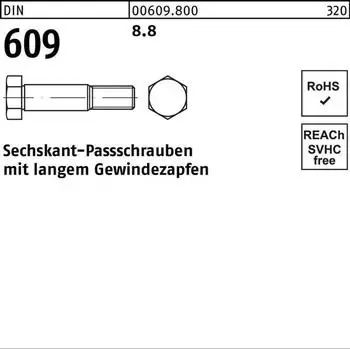 Industrial Quality Supplies Sechskant-Passschraube mit langem Gewindezapfen DIN 609 8.8 M16x50 (006098000160050)