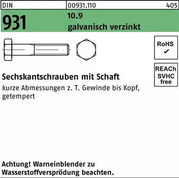 Industrial Quality Supplies Sechskantschraube DIN 931 M12x160 Stahl 10.9 galvanisch verzinkt (9311100120160)