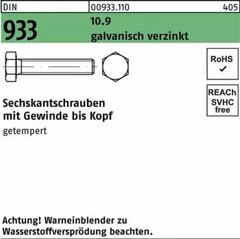 Industrial Quality Supplies Sechskantschraube Vollgewinde M10x50 Stahl 10.9 galvanisch verzinkt (009331100100050)
