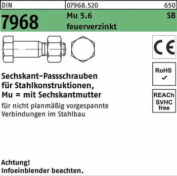 Industrial Quality Supplies Sechskantpassschraube DIN 7968 CE M16x110 5.6 feuerverzinkt mit Mutter (079685200160110)