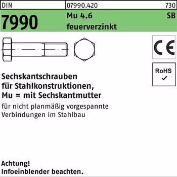 Industrial Quality Supplies Sechskant-Schaftschraube DIN 7990 M12x110 Stahl 4.6 feuerverzinkt mit Mutter (079904200120110)