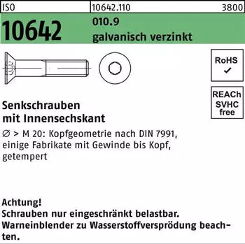 Industrial Quality Supplies Senkschraube Innensechskant M8x80 10.9 Stahl galvanisch verzinkt (106421100080080)