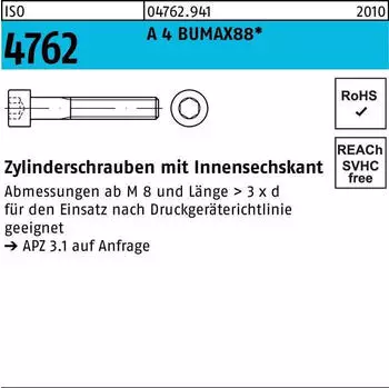 BUMAX Zylinderschraube Innensechskant ISO 4762 M10x80 Edelstahl A4 (BUMAX 88)