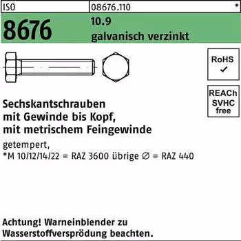 Industrial Quality Supplies Sechskantschraube Feingewinde M10x1x45 Stahl 10.9 galv. verzinkt (086761100102045)