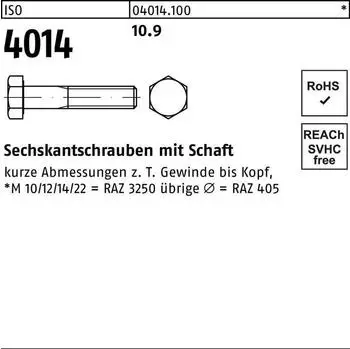 BUMAX Sechskant-Schaftschraube M8x90 Stahl 10.9 100 Stück (ISO 4014)