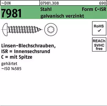 Reyher Linsen-Blechschraube DIN 7981-C/ISO 14585 Form CE TX Stahl galv. verzinkt 6,3x80mm