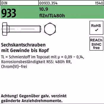Industrial Quality Supplies Sechskantschraube DIN 933 M8x20 Stahl 10.9 zinklamellenbeschichtet (009333540080020)