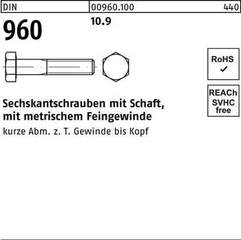 Industrial Quality Supplies Sechskantschraube mit Schaft Feingewinde DIN 960 Stahl 10.9 M24x2x80mm (009601000241080)