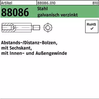 Reyher Sechskantabstandsbolzen M4x60/8 Innen-/Außengewinde Stahl galv. Zn, 100 Stk. (88086)