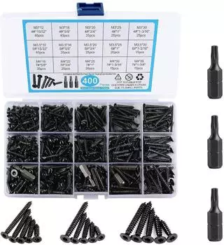 LuxusKollektion Schrauben-Sortiment 400-tlg. Senkkopf Torx selbstschneidend Edelstahl M3-M4 schwarz