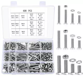 LuxusKollektion Sechskantschrauben-Set M5/M6/M8 mit Muttern & Unterlegscheiben, Edelstahl, 408-tlg.