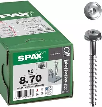 Spax Betonschraube Sechskantkopf mit Scheibe SW13 8x70mm, verzinkt (1881010800705)