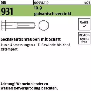 Reyher Sechskant-Schaftschraube DIN 931 M12x190 Stahl 10.9 galvanisch verzinkt