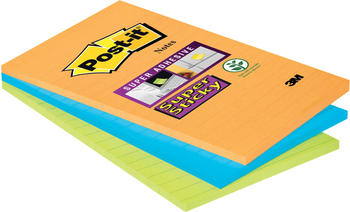 Post-it Liniert Super Sticky Haftnotiz Rechteckig Block 101x152mm Ultraorange Limettengrün und Neonblau 3er