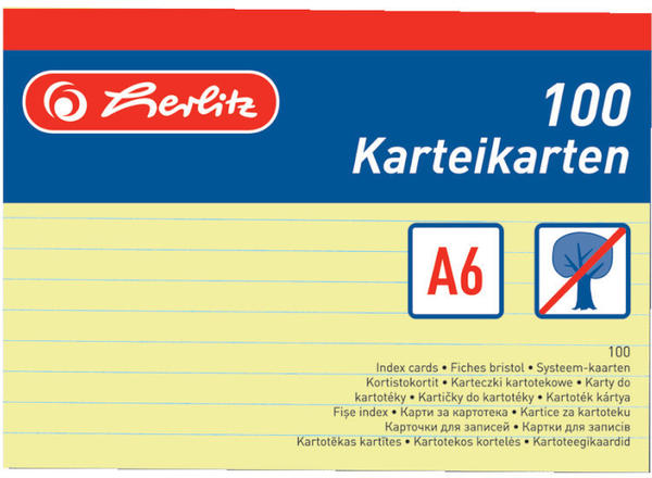 Herlitz Karteikarten A6 100 liniert gelb holzfrei (1150614)