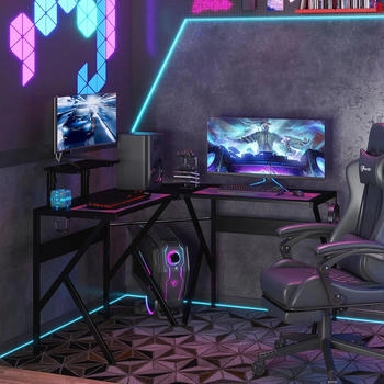HomCom Corner Gaming Desk with Headset and Cup Holder black