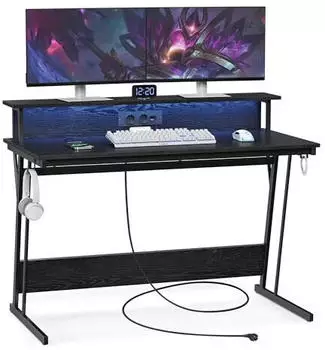 Vasagle Gaming-Schreibtisch mit LED-Beleuchtung & Steckdosenleiste, Monitorst&auml;nder f&uuml;r 2 Monitore, 60x120x76cm, Ebenholzschwarz (LWD192B56)
