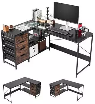 VEVOR L-f&ouml;rmiger Schreibtisch 150cm, 4 Schubladen, 2 Ablagen (DX0202-C250335D-01)