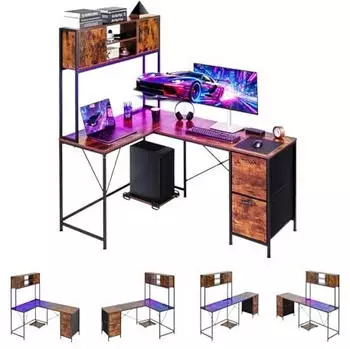 VEVOR L-f&ouml;rmiger Gaming-Schreibtisch Reversibel 158cm LED-Beleuchtung mit CPU-St&auml;nder & Schubladen (DX0202-C250339D-01)