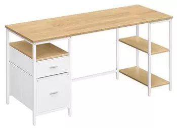 Vasagle Schreibtisch 3 Ablagen 2 Schubladen 160x60x76cm Natureiche/Wolkenwei&szlig; (LWD105YD01)