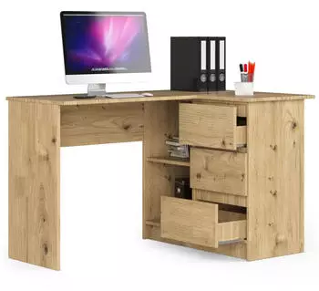 Akord Furniture Factory B16 Eckschreibtisch mit 2 Regalen & 3 Schubladen, Artisan Eiche, 124x85x77cm (B16)