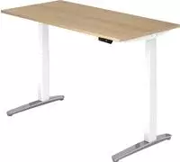 Arbeitstisch 160x80 cm Platte Eiche, Gestell wei&szlig;/Alu poliert, elektrisch h&ouml;henv -