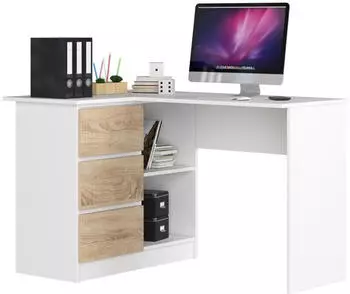 Akord Furniture Factory B16 Eckschreibtisch Links 124cm, 3 Schubladen, Sonoma Eiche Front, Wei&szlig; (5901738168183)