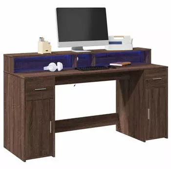 vidaXL Schreibtisch mit LED, Holzwerkstoff, Eichen-Optik Braun, 160x55x91cm (3309435)