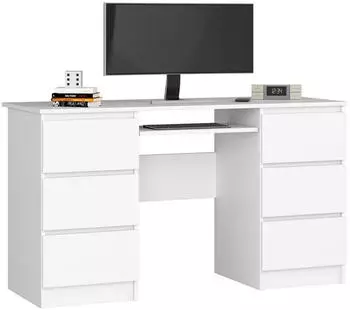 Akord Furniture Factory A11 Schreibtisch 6 Schubladen, ausziehbare Tastaturablage, 135x50x77cm, Wei&szlig; (A11)