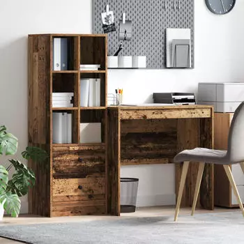 vidaXL Schreibtisch mit Schubladen und Regal Altholz, 2er-Set (3337367)