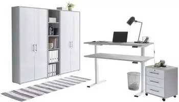 BMG Office Edition B&uuml;rom&ouml;bel-Set mit h&ouml;henverstellbarem Schreibtisch, lichtgrau/wei&szlig; (VKE.LGW-FW-SET10)