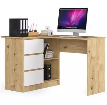 Akord Furniture Factory B16 Eckschreibtisch mit Schubladen und Regalen, Artisan Eiche/wei&szlig;, 124cm (B16)