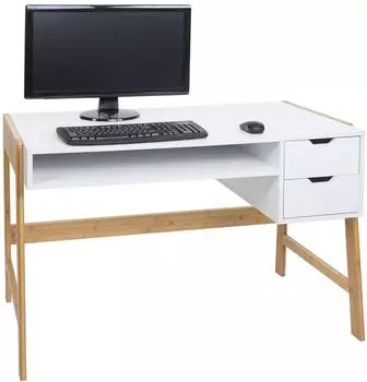 MCW Schreibtisch MCW-K12 Bambus, 2 Schubladen, 115x76x58cm, wei&szlig; (MCW-K12)