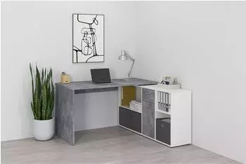 FMD Lexo Eckschreibtisch mit Sideboard, betonfarben/wei&szlig;, 136x74x66,5cm (353-001)