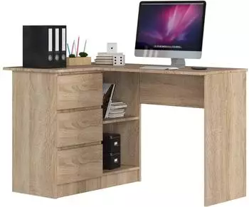 Akord Furniture Factory B16 Eckschreibtisch mit 3 Schubladen und 2 Regalen, Sonoma-Eiche, 124x85x77cm (B16)