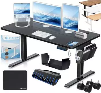 Kesser H&ouml;henverstellbarer Schreibtisch elektrisch 120x60cm, 3-Memory, USB, 360&deg; Rollen, schwarz