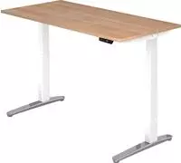 Arbeitstisch 160x80 cm Platte Nu&szlig;baum, Gestell wei&szlig;/Alu poliert, elektrisch h&ouml;he -